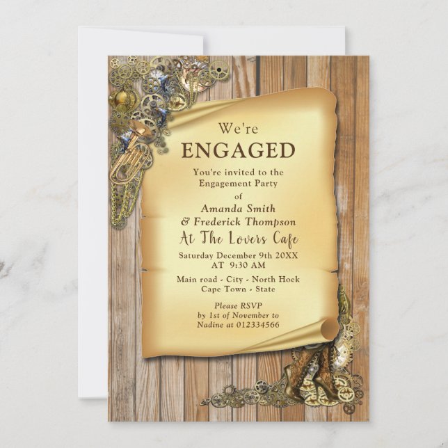 Invitación Steampunk Boda En La Participación De La Madera (Anverso)