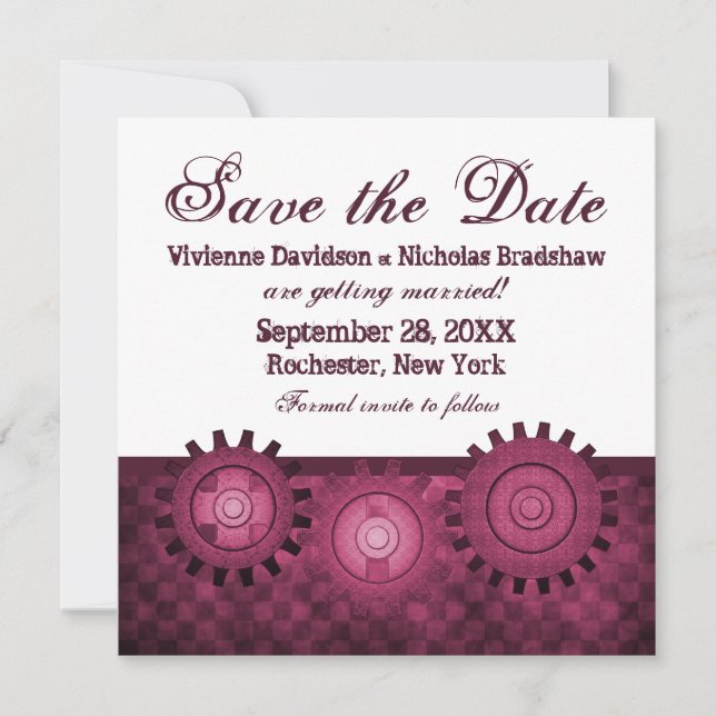 Invitación Steampunk Gears Save the Date Invite, Fuchsia (Anverso)