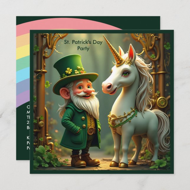 Invitación Steampunk Gnome-Leprechaun Unicorn St Patricks Day (Anverso / Reverso)