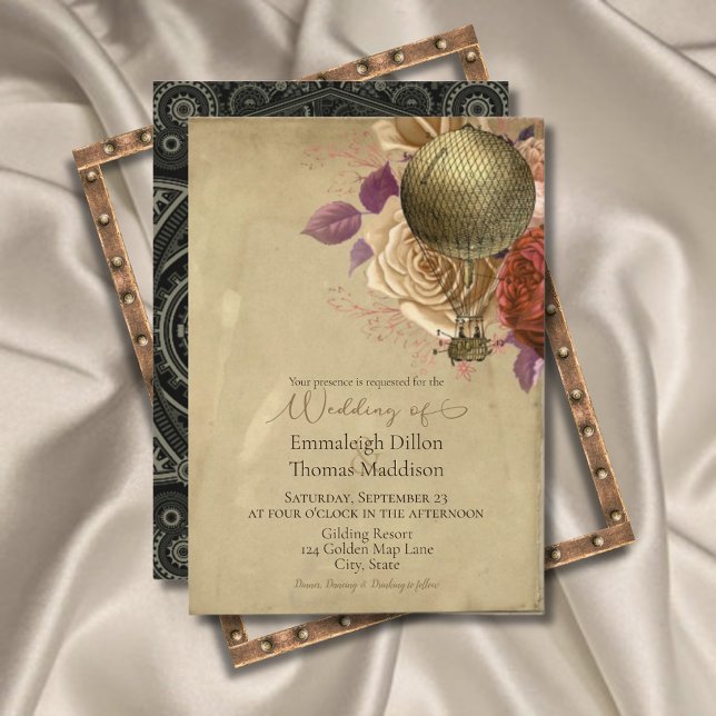 Invitación Steampunk Golden Hot Air Balloon Floral Boda (Subido por el creador)