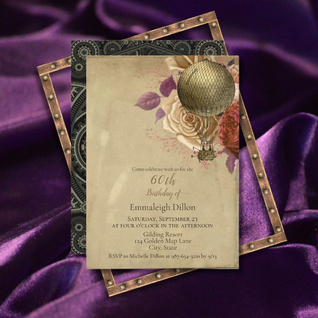 Invitación Steampunk Golden Hot Air Balloon Floral Cumpleaños (Subido por el creador)