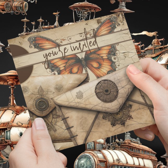 Invitación Steampunk | Mariposa monarca | Cumpleaños de cuero (Steampunk victorian monarch butterfly and secret leather envelope on customizable invitations. )