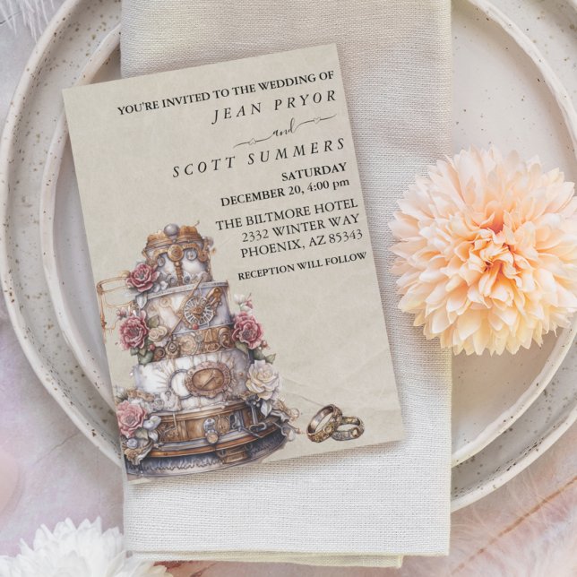 Invitación Steampunk Modern Simple Cake Rings Boda (Subido por el creador)