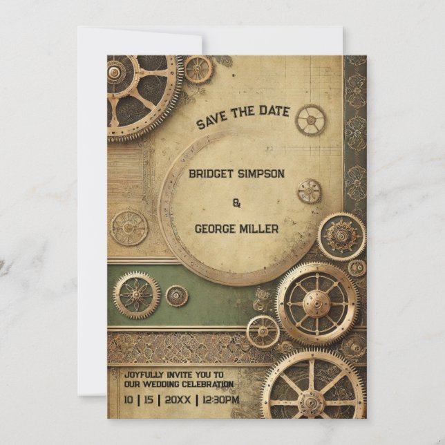 Invitación Steampunk Victorian Gearwork Boda a guardar la fec (Anverso)