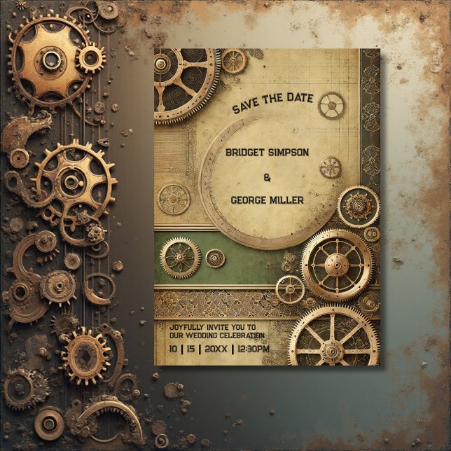 Invitación Steampunk Victorian Gearwork Boda a guardar la fec (Subido por el creador)