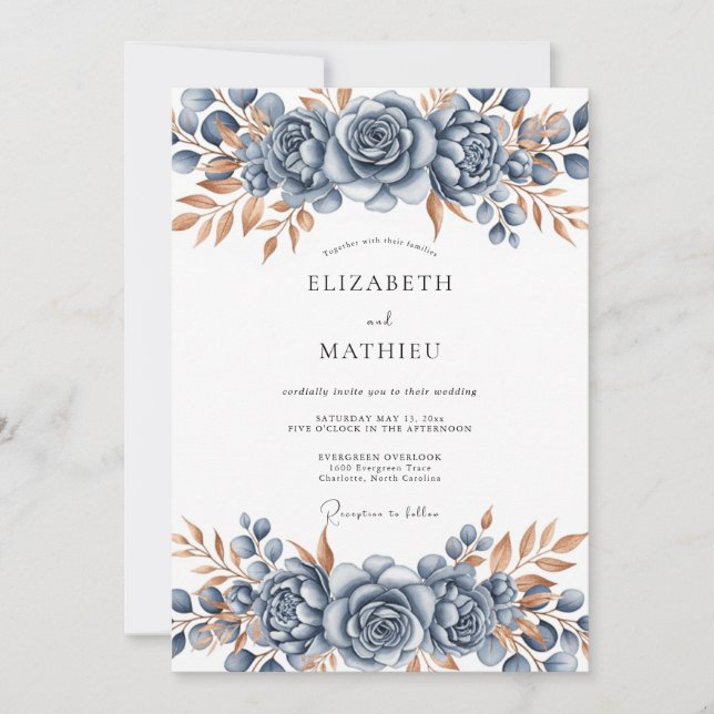 Invitación Steel Blue Bronze Botanical Wedding (Anverso)