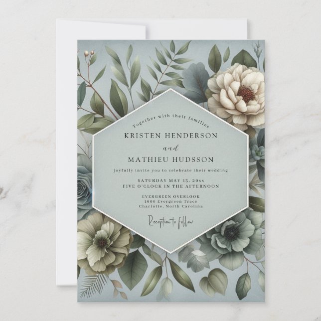Invitación Steel Blue Dreamy Flora Wedding (Anverso)