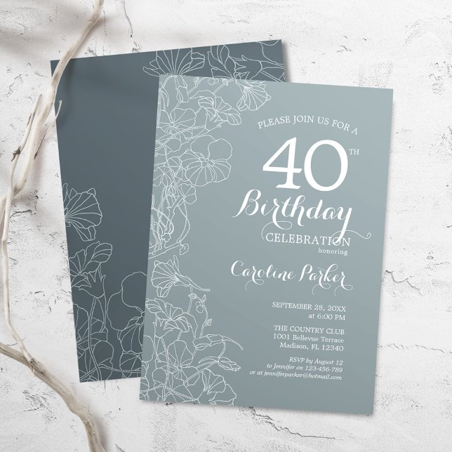 Invitación Steel Blue Floral 40.º Fiesta de cumpleaños (Subido por el creador)