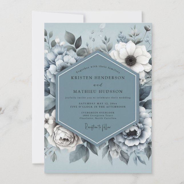 Invitación Steel Blue Monotone Flora Wedding (Anverso)