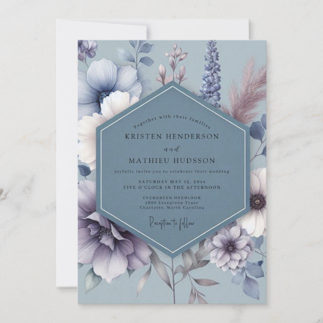 Invitación Steel Blue Somber Flora Wedding (Anverso)