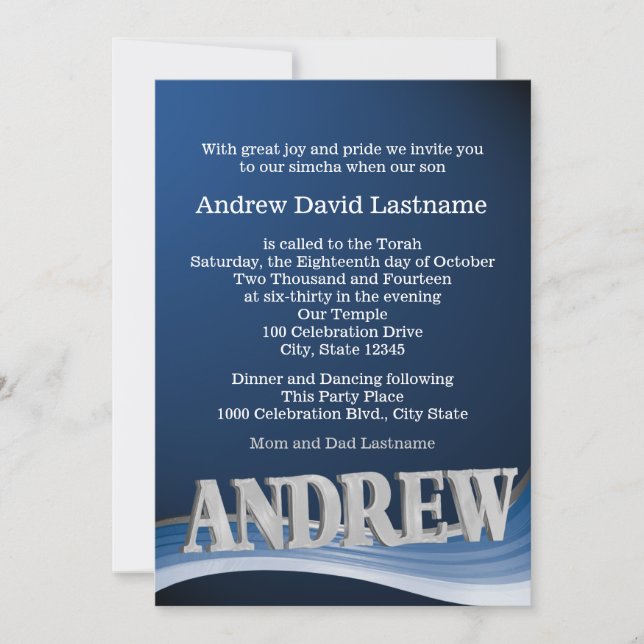 Invitación Steel Blue Wave Name Bar Mitzvah (Anverso)