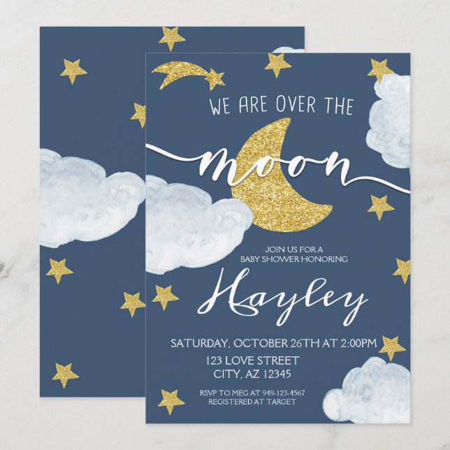 Invitación Steel Blue We are Over the Moon Baby Shower (Anverso / Reverso)