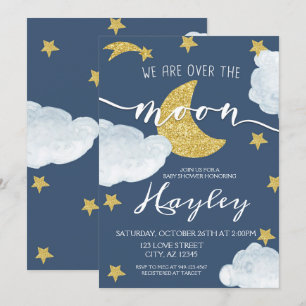 Invitación Steel Blue We are Over the Moon Baby Shower