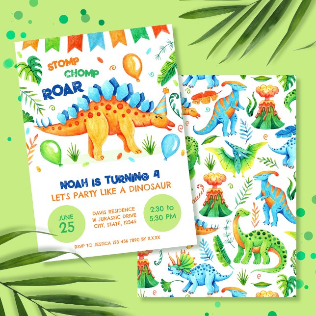 Invitación Stegosaurus Stomp Chomp y Roar Dinosaur Birday (Party Like a Dinosaur Stegosaurus Boys Birthday Invitation)