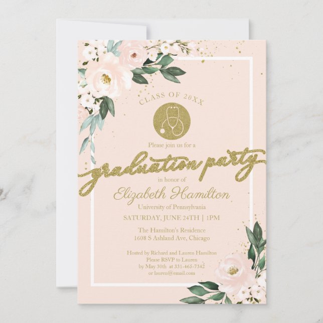 Invitación Stethoscope Escuela de Enfermería Grad Fiesta Flor (Anverso)
