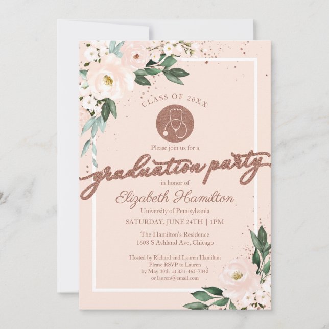 Invitación Stethoscope Escuela de Enfermería Grad Fiesta Flor (Anverso)