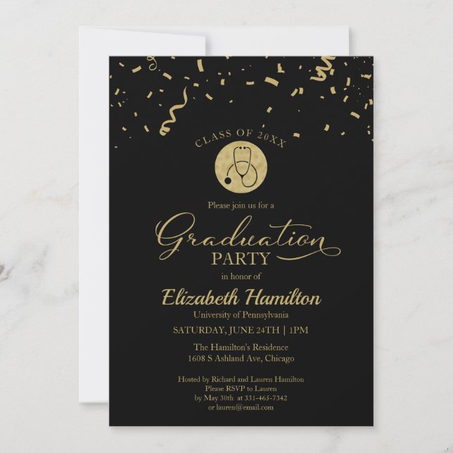 Invitación Stethoscope Escuela de Enfermería Grado Fiesta Oro (Anverso)