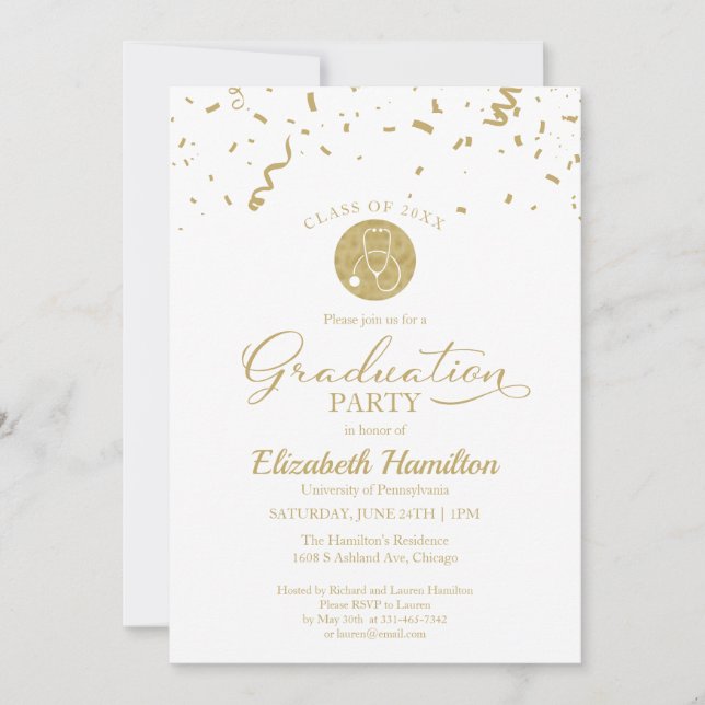 Invitación Stethoscope Escuela de Enfermería Grado Fiesta Oro (Anverso)