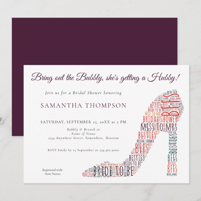 Invitación Stiletto de arte de Word Bubbly Purple Briple Show (Anverso / Reverso)