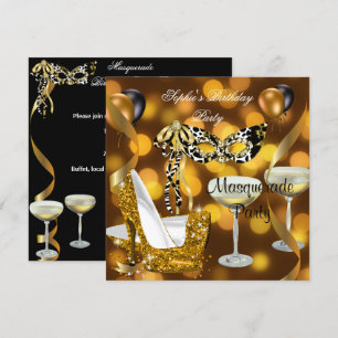 Invitación Stiletto de oro de cumpleaños de la mascarada Cham