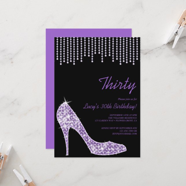 Invitación Stiletto morado de diamante y cuentas 30 cumpleaño (Anverso/Reverso In Situ)