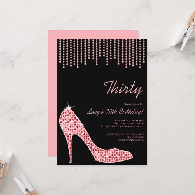 Invitación Stiletto rosa de diamante y cuentas 30 cumpleaños (Anverso/Reverso In Situ)