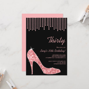 Invitación Stiletto rosa de diamante y cuentas 30 cumpleaños