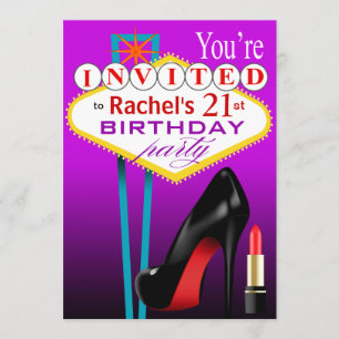 Invitación Stiletto y Lipstick Fiesta Las Vegas púrpura