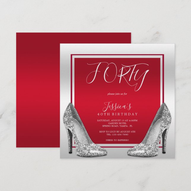 Invitación Stilettos de rojo y plata de rubí 40 cumpleaños (Anverso / Reverso)