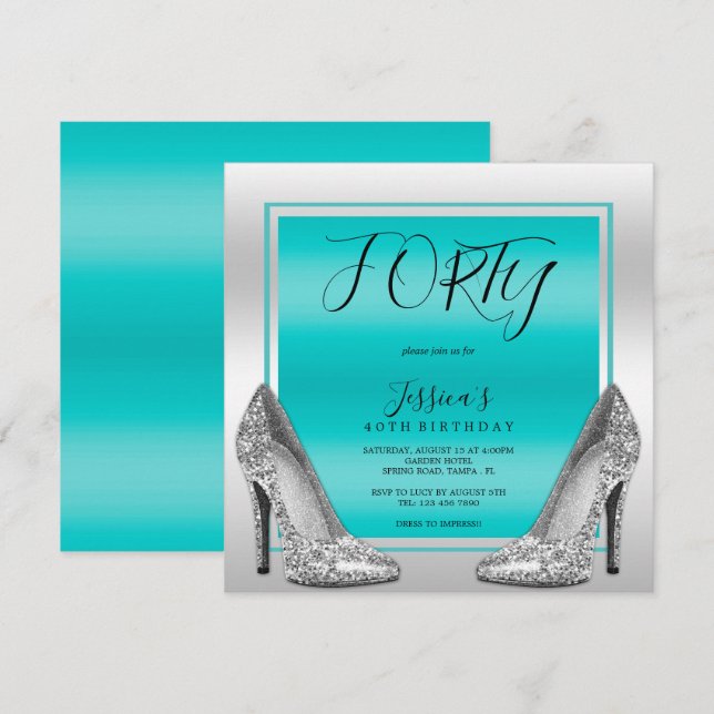 Invitación Stilettos Verde azulados y plateados 40 cumpleaños (Anverso / Reverso)
