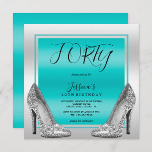 Invitación Stilettos Verde azulados y plateados 40 cumpleaños