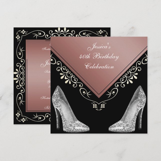 Invitación Stilettos y Swirls decorativos 40 cumpleaños (Anverso / Reverso)