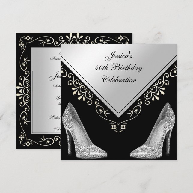 Invitación Stilettos y Swirls decorativos 40 cumpleaños (Anverso / Reverso)