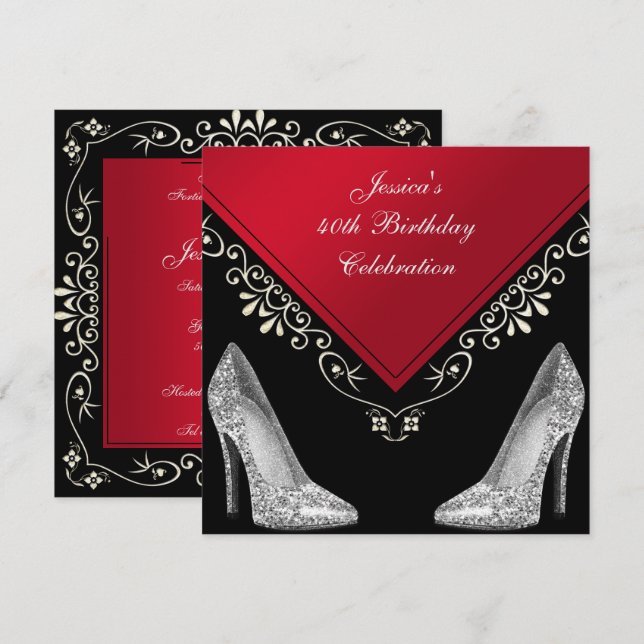 Invitación Stilettos y Swirls decorativos 40 cumpleaños (Anverso / Reverso)