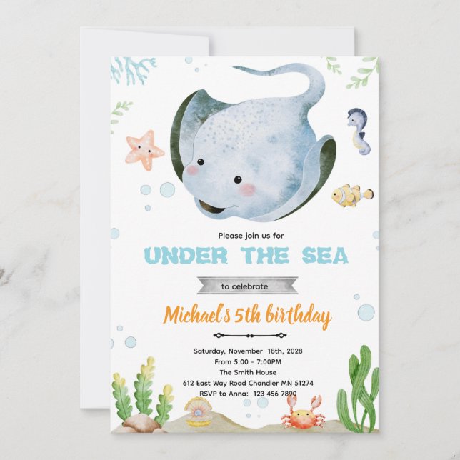 Invitación Stingray birthday party invitation (Anverso)