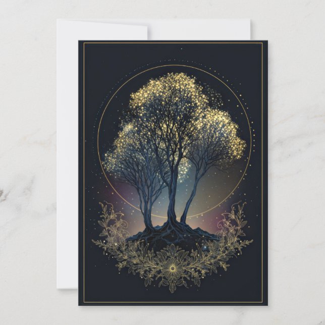 Invitación Stippled Gold Celestial Tree Midnight Halo Wedding (Anverso)