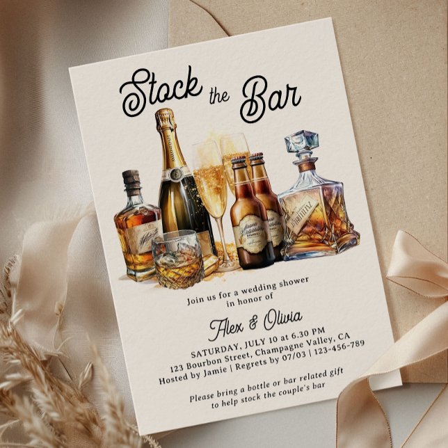 Invitación Stock el bar Parejas Wedding Shower (Rustic Stock the Bar Wedding Shower Invitation with Beer Champagne and Whiskey)