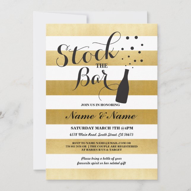 Invitación Stock El Bar Stripe Gold Engagement Party Invite (Anverso)