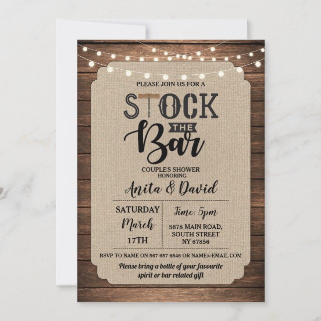 Invitación Stock La fiesta de barra del par de Burlap madera (Anverso)