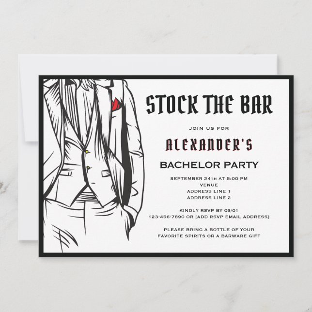 Invitación Stock the Bar Modern Black Tuxedo Bacheler Party (Anverso)