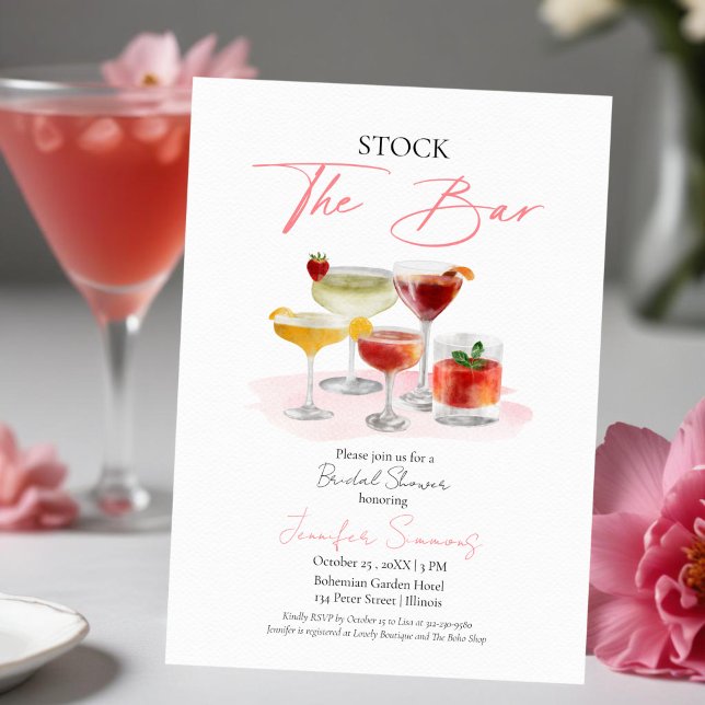 Invitación Stock The Bar Watercolor Cocktails Bridal Shower (Subido por el creador)