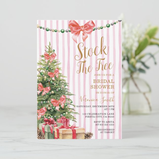Invitación Stock The Tree Christmas Pink Bow Bridal Shower (Anverso de pie)