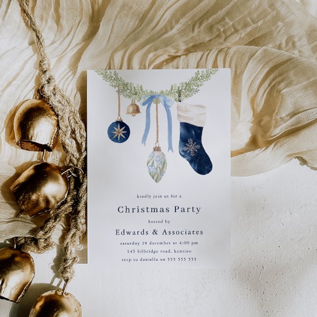Invitación Stocking & Wreath Modern Blue Christmas Party (Subido por el creador)
