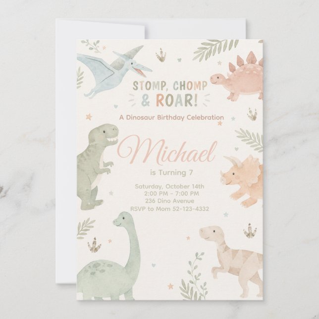 Invitación Stomp Chomp And Roar Dinosaur Invitation Editable (Anverso)