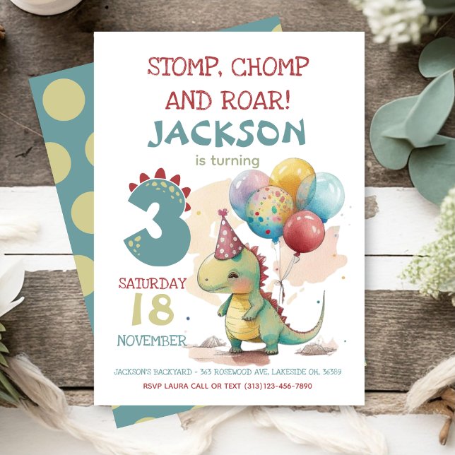 Invitación Stomp, Chomp, Chomp Dinosaur 3er Fiesta de cumplea (Subido por el creador)