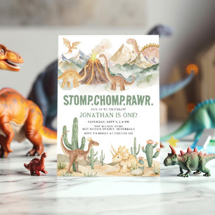 Invitación Stomp Chomp Rawr Boy Dinosaur Primer Fiesta de cum