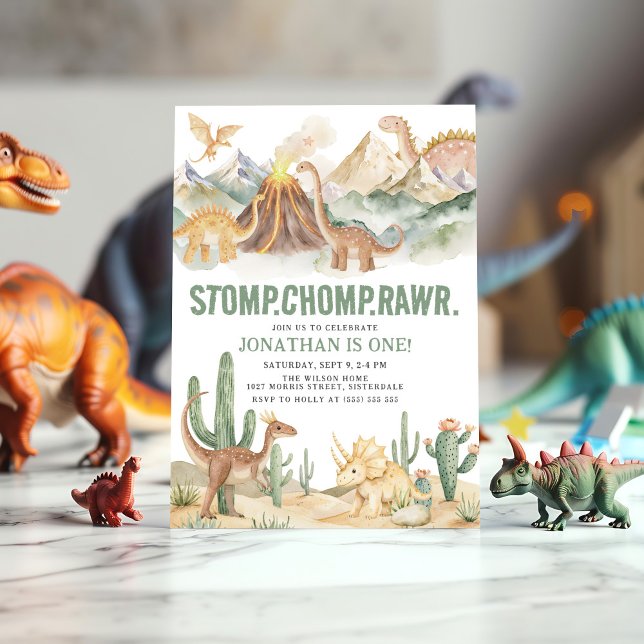 Invitación Stomp Chomp Rawr Boy Dinosaur Primer Fiesta de cum (Subido por el creador)
