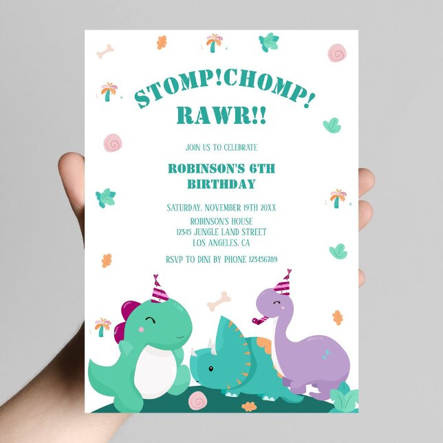 Invitación Stomp Chomp Rawr Cute Dinosaur Birday (Subido por el creador)