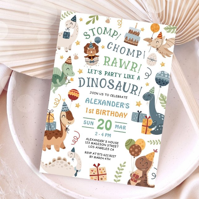 Invitación Stomp Chomp Rawr Dinosaur 1st Birthday Party Boy (Subido por el creador)