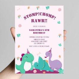 Invitación Stomp Chomp Rawr Pink Cute Dinosaur Cumpleaños